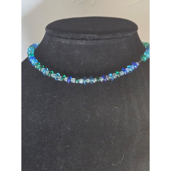 Beaded Stretch Necklace Blue Green and Clear Beads - Picture 2 of 4